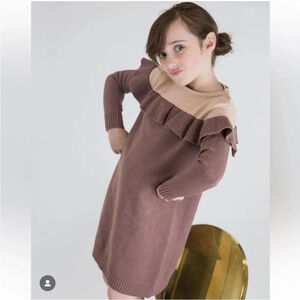 TAKE NOTE Girls Two Tone Cream / Brown Knit Sweater Dress with Ruffle Size 5
